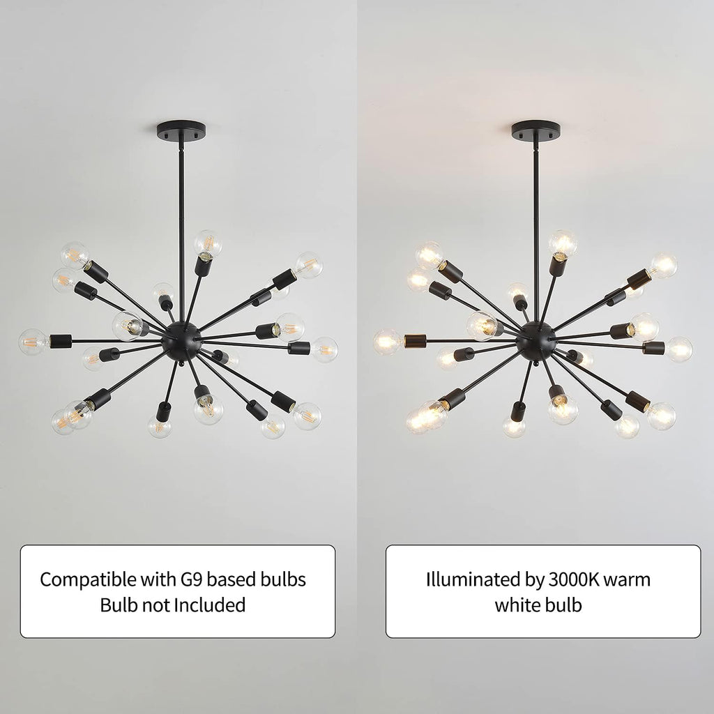 Mid-Century Sputnik Chandeliers 18-Lights, Modern Semi Flush Mount Ceiling Light Fixture Industrial Retro Hanging Lamps for Kitchen Living Room Dining Bedroom Corridor, Black（Bulb Not Included）
