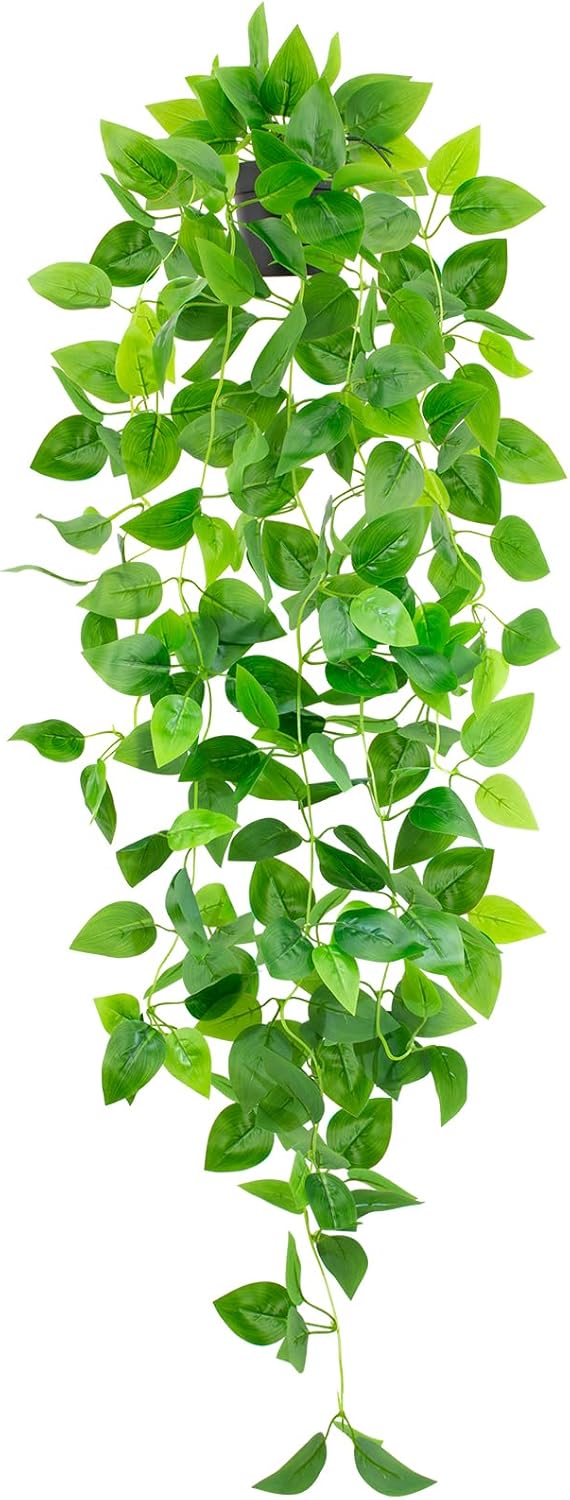 Artificial Hanging Plants Small Fake Pothos 39-in Long Potted Vine Plant Faux Trailing Ivy Vine for Shelf Home Office Indoor Outdoor Garden Greenery Decor (Black Pot)