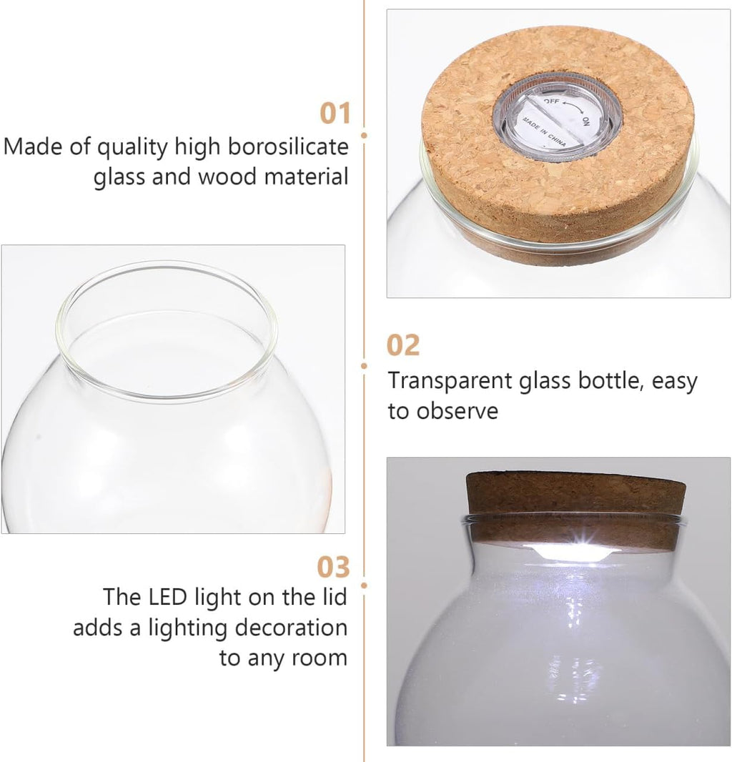NUOBESTY Round Glass Jars with Cork Lid, Small Glass Cork Bottles with Led Light, Plant Terrarium Display Bottles for Diy, Kitchen Storage Candy Jar for Tea Biscuits Cereals Flour Beans