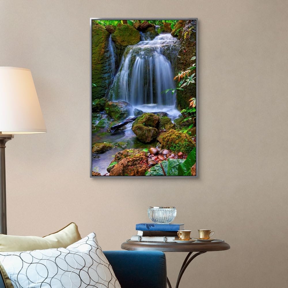 CANVAS ON DEMAND Waterfall in Tropical Rainforest of Fairchild Tropical Gardens, Silver Float Framed Canvas Wall Art Print, Home Decor, Floral, Flowers, Nature Artwork, 24" x36in