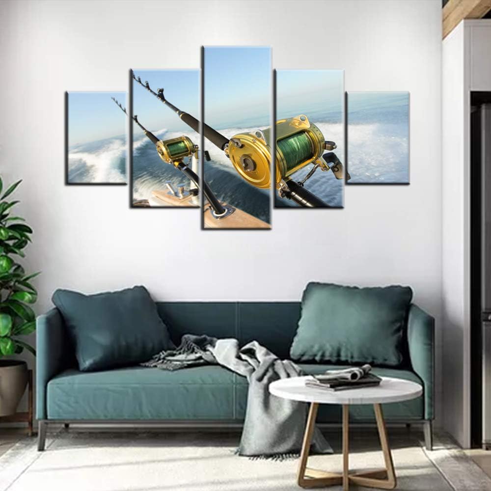 Angling Wall Art for Living Room Fishing Rod and Reel Pictures Ocean Seascape Paintings 5 Panel Prints Artwork on Canvas Modern Home Decor Giclee Wooden Framed Stretched Ready to Hang(60''Wx32''H)