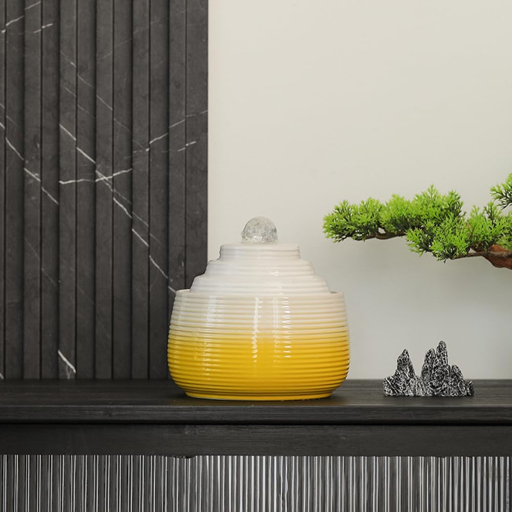 Indoor and Outdoor Fountain Water Feature Fall Ceramic Home Office Decoration mini Tabletop Desktop (Yellow with Ball S092)