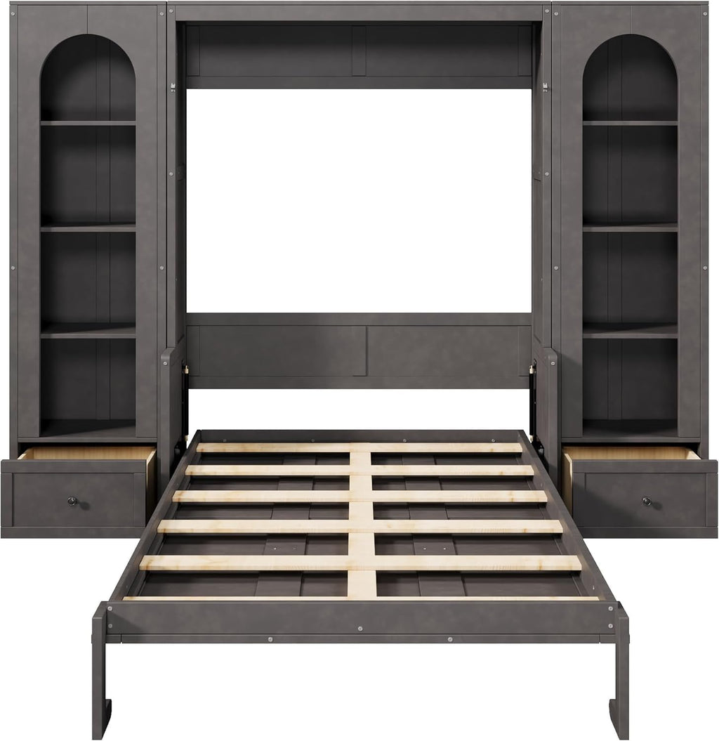 MERITLINE Queen Murphy Bed with Desk and Storage & LED Light, Solid Wood Hideaway Murphy Wall Bed with Storage Bookcase Shelves and Drawers for Adults