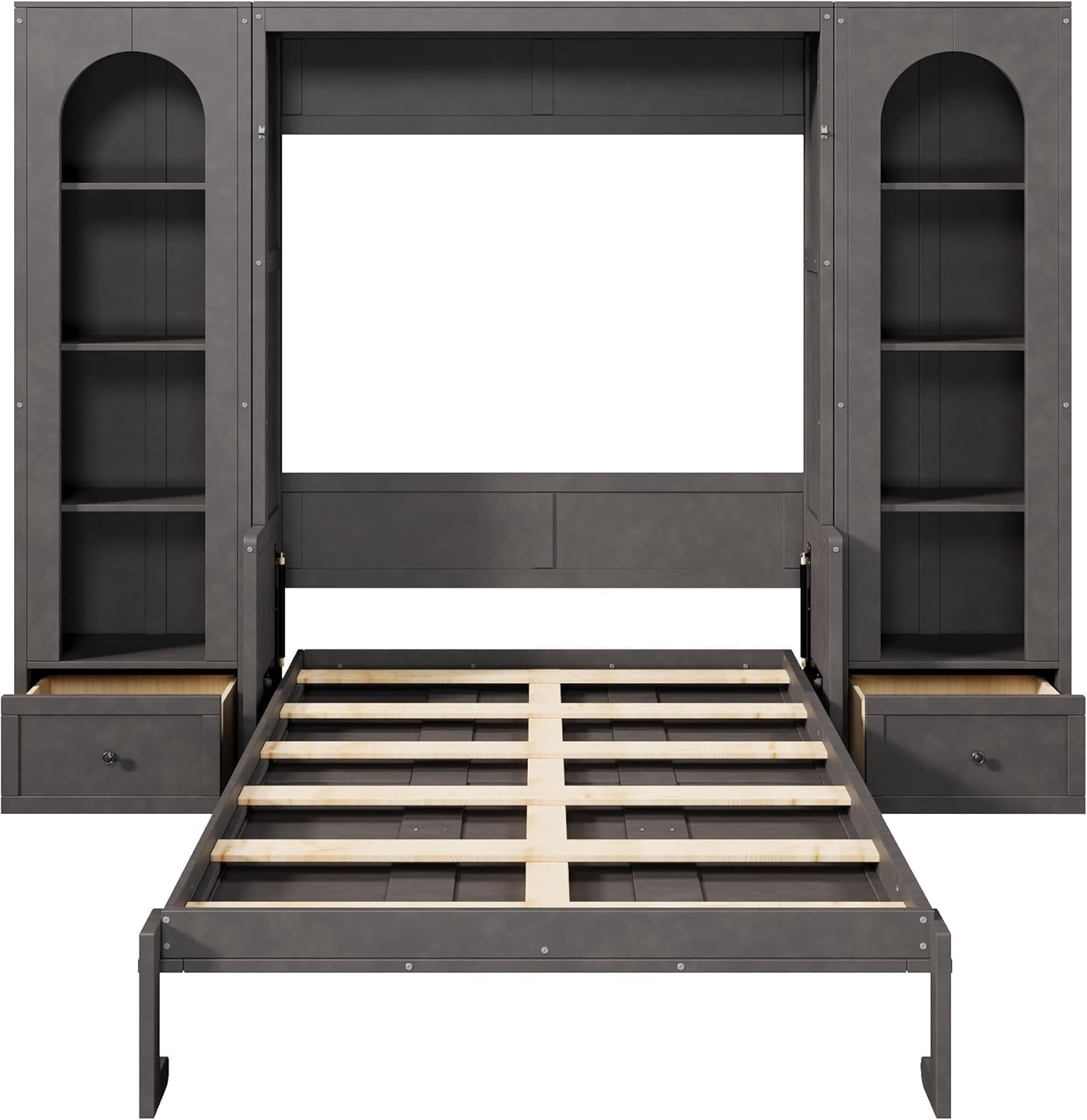 MERITLINE Queen Murphy Bed with Desk and Storage & LED Light, Solid Wood Hideaway Murphy Wall Bed with Storage Bookcase Shelves and Drawers for Adults