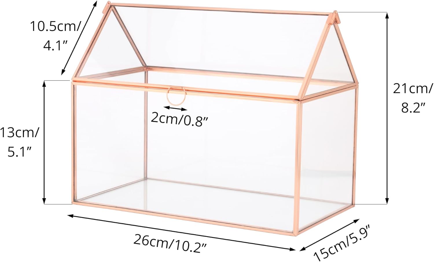 NCYP Small Wedding Glass Cards Box for Reception - 10.2x5.9x8.2 Inches House Shape Decorative Storage Box with Lid - Rose Gold Card Holde for party (Glass Box Only)