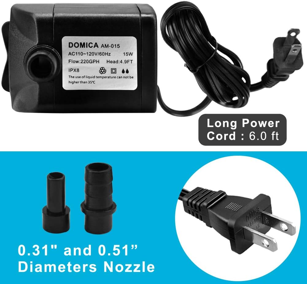 DOMICA 220GPH Ultra Quiet Fountain Pump (15W 800L/H), Small Submersible Pump for Pond, Water Feature, Aquariums, Hydroponics, Indoor or Outdoor Fountain