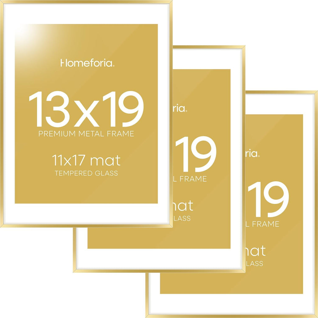 Homeforia 13x19 Picture Frame Gold, High End Metal 13x19 Poster Frames with Mat 11x17 Photo, 13 x 19 Gold Frames Matted to 11 by 17 Print, 19x13 Thin Hanging Frames, Tempered Glass, Wall Kit, Set of 3