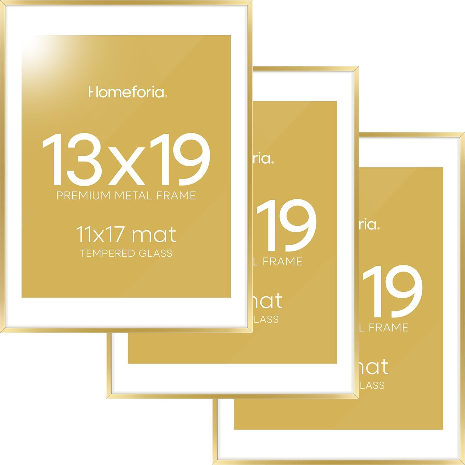 Homeforia 13x19 Picture Frame Gold, High End Metal 13x19 Poster Frames with Mat 11x17 Photo, 13 x 19 Gold Frames Matted to 11 by 17 Print, 19x13 Thin Hanging Frames, Tempered Glass, Wall Kit, Set of 3
