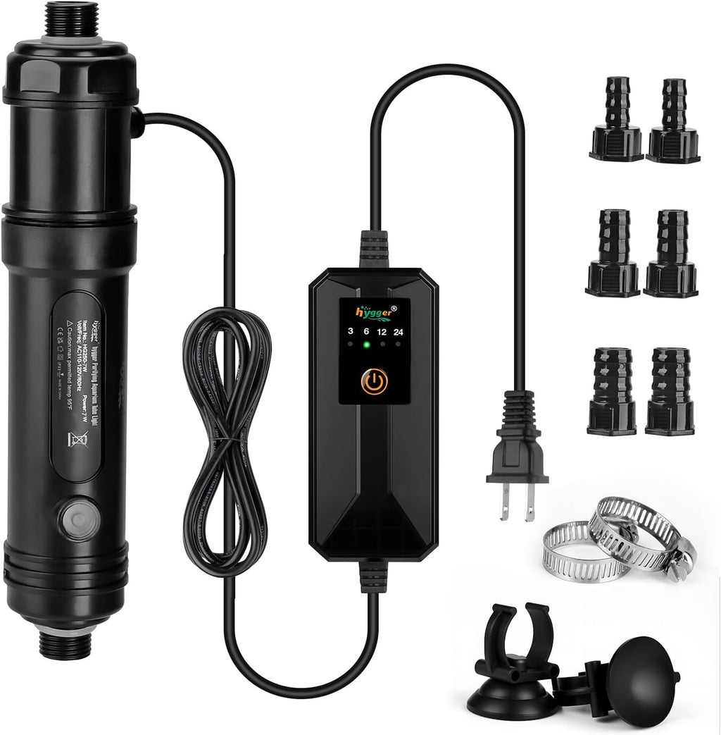 hygger Aquarium U-V Light with Timer, 360° Protective Shield Clean Light for Green Water Clean, Amphibian Aquarium Lamp Bulb for Freshwater Saltwater Fish Tank and Aquarium (7W, 30-70 Gallon)