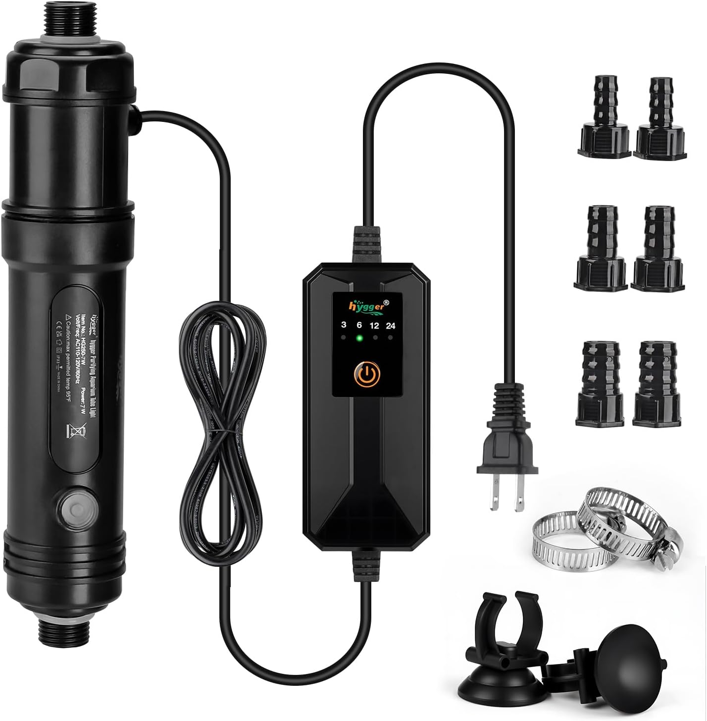 hygger Aquarium U-V Light with Timer, 360° Protective Shield Clean Light for Green Water Clean, Amphibian Aquarium Lamp Bulb for Freshwater Saltwater Fish Tank and Aquarium (7W, 30-70 Gallon)