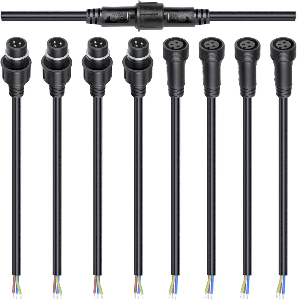 MAD OWL 3-Pin Waterproof LED Wire Connector Kit, 16 AWG 11inch/28cm Male Female Connectors with Tin Plated Joint for Various Waterproof Wires DIY (4 Set Black)
