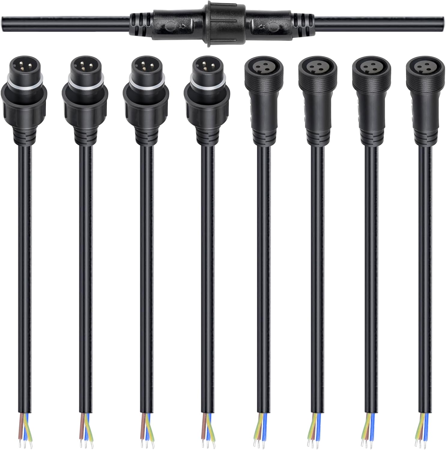 MAD OWL 3-Pin Waterproof LED Wire Connector Kit, 16 AWG 11inch/28cm Male Female Connectors with Tin Plated Joint for Various Waterproof Wires DIY (4 Set Black)