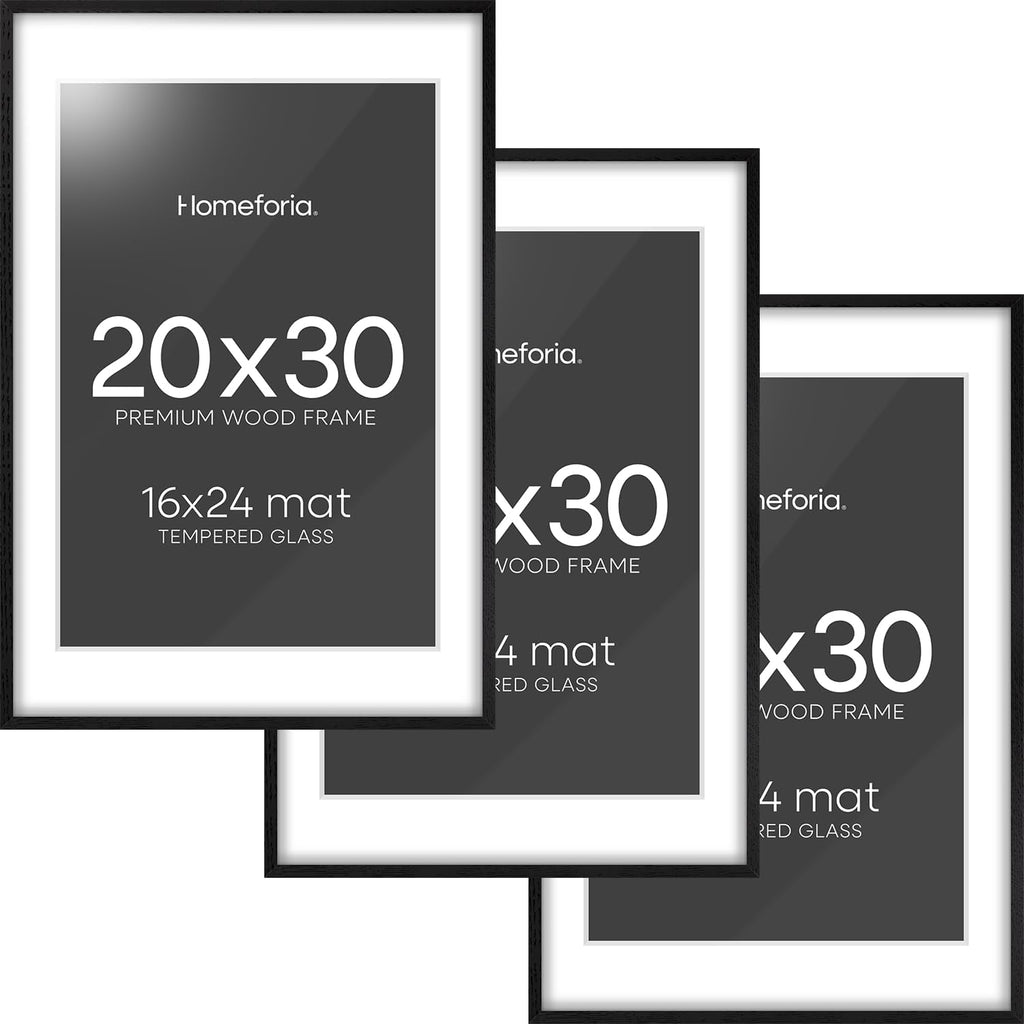 Homeforia 20x30 Black Wood Frame, High End Oak 20x30 Wooden Picture Frames with Mat 16x24 Photo, 20 x 30 Poster Frame Matted to 16 by 24 Print, 30x20 Hanging Frames, Tempered Glass, Wall Kit, Set of 3