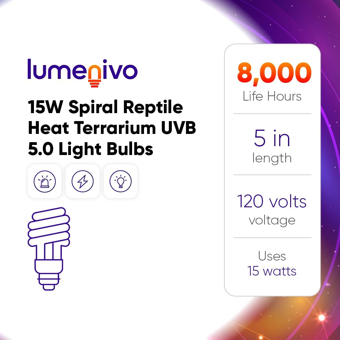 lumenivo 15 Watt UVB Reptile Light 5.0 15W Spiral Reptile Heat Terrarium Light Bulbs for Turtles, Gecko, Tortoise, Snake, Lizard, Chameleons, and Insects - 120V - 1 Pack
