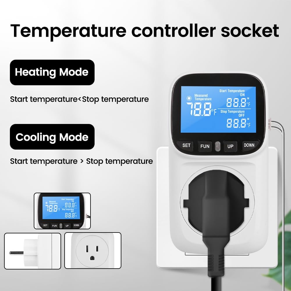 Diymore Plug in Digital Thermostat Temperature Controller,1800W,120V / 15A,-104℉~210℉, Heating Cooling Mode Solar Controller Incubator Thermometer Reptile Greenhouse Thermostat Pool Thermometer