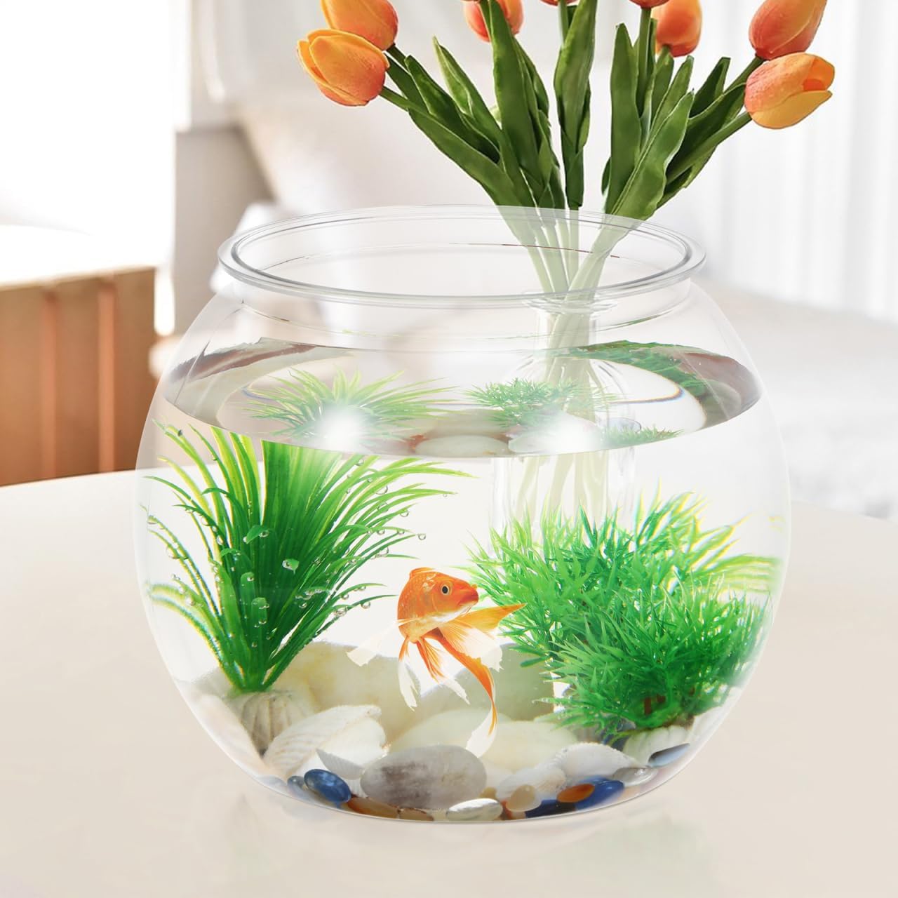Balacoo Fish Bowl Plastic Transparent Round Fish Tank Desktop Small Aquarium Clear Bubble Bowl Goldfish Turtle Tank Hydroponic Planter Container