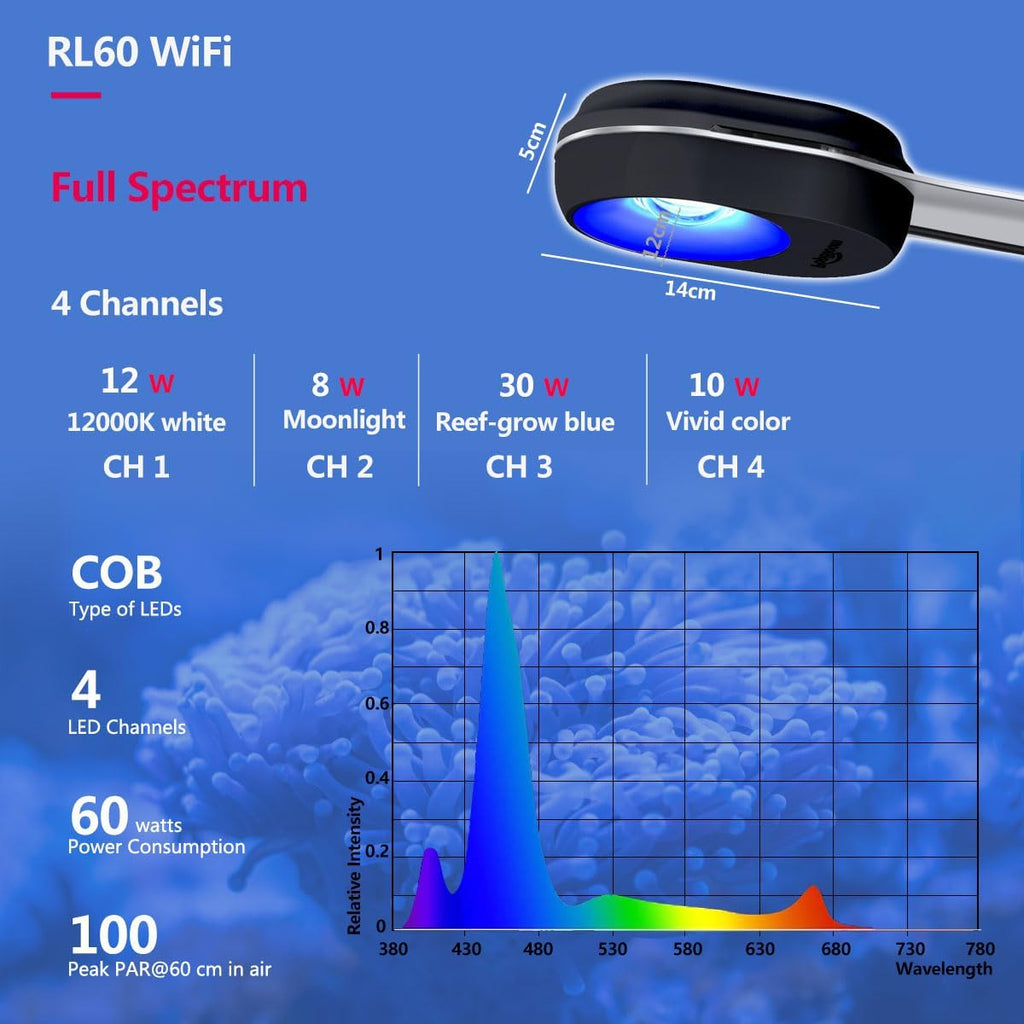 PopBloom RL60 Full Spectrum Reef Light WiFi Marine Reef LED Aquarium Light Saltwater Aquarium Fish Tank Lamp (60W WiFi Black)