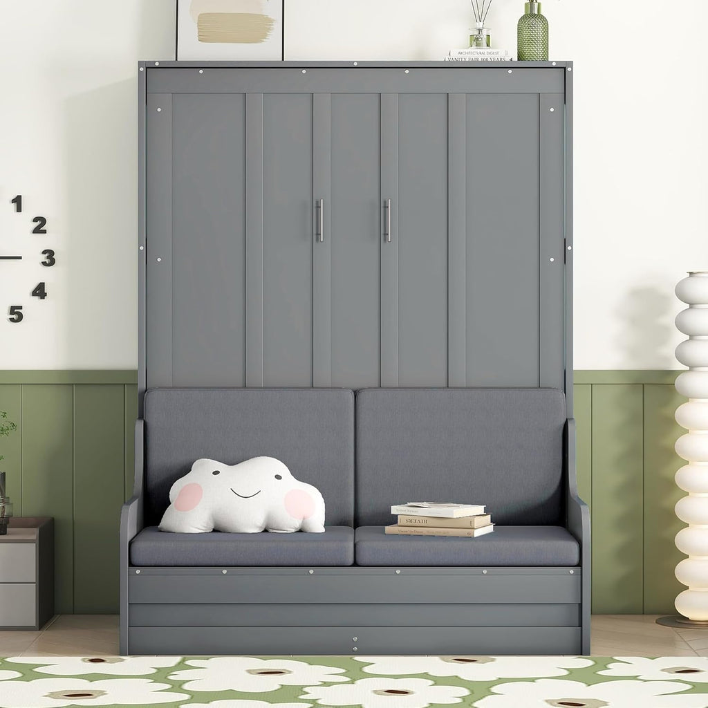 MERITLINE Queen Murphy Bed with Sofa,Wood Folding Murphy Wall Bed Cabinet with Couch (Grey)