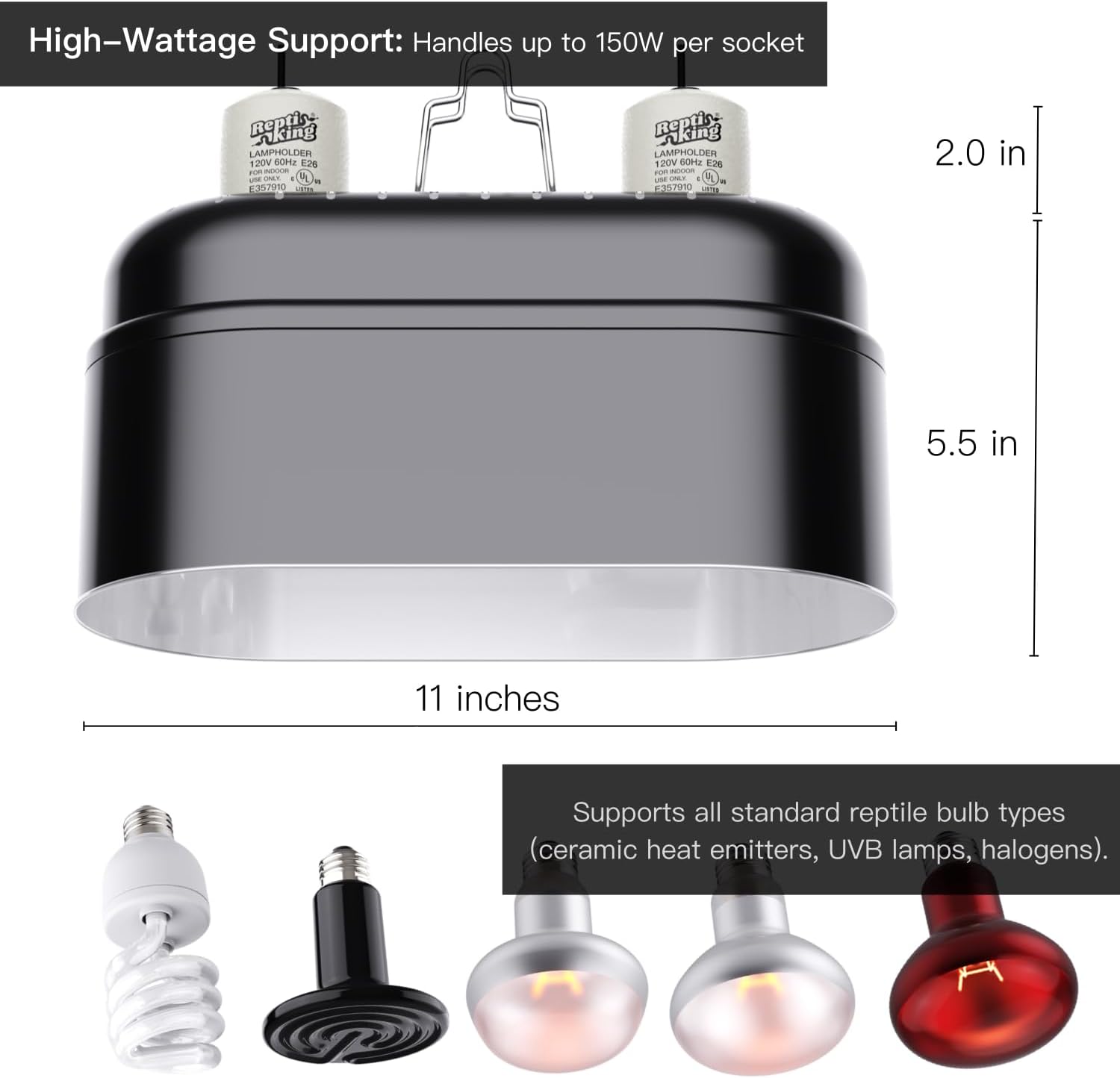 Reptile Light Fixture – Dual Dome with Ceramic Socket – Dual Use for Heat Lamp Emitter & Basking Bulbs & UVB Bulbs – Ideal for Bearded Dragon, Snake, Chameleon, Turtle & Terrarium Tank Accessories