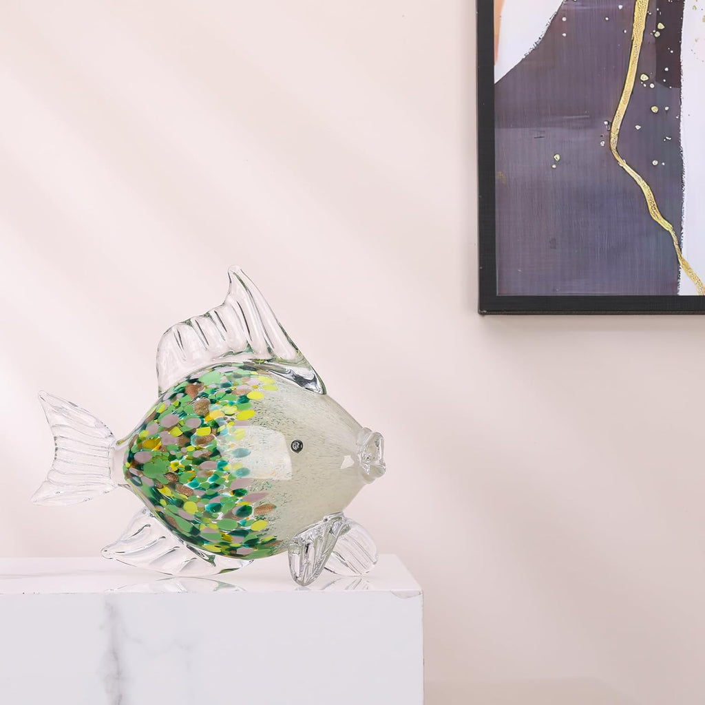Large Hand Blown Glass Fish Figurines, Aquarium Sea Glass Art, Emerald Green Fish Statue Sculpture Modern Coastal Accent - for Beach Knick Knacks, Coffee Tables, Nautical Offices Centerpiece