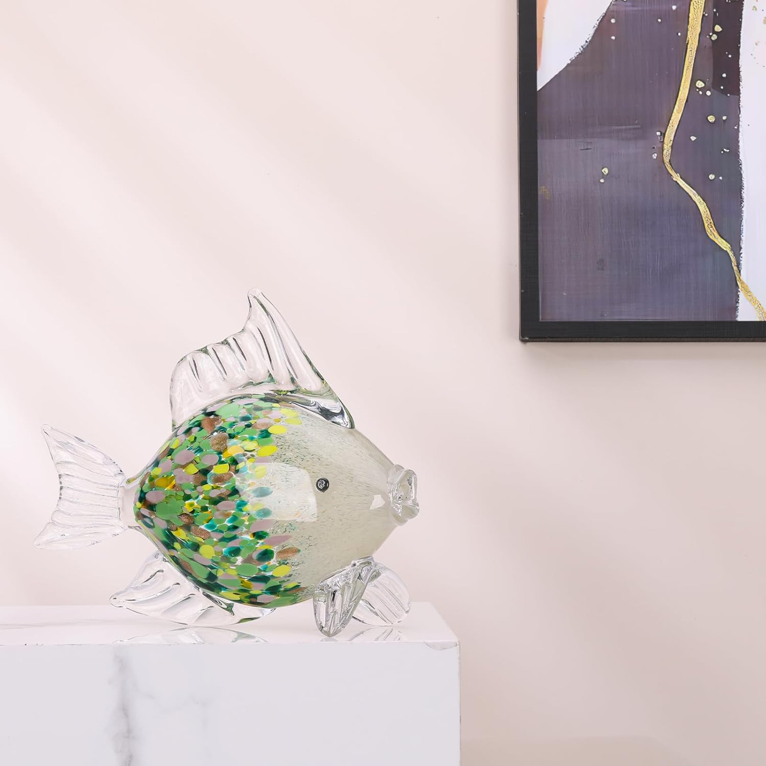 Large Hand Blown Glass Fish Figurines, Aquarium Sea Glass Art, Emerald Green Fish Statue Sculpture Modern Coastal Accent - for Beach Knick Knacks, Coffee Tables, Nautical Offices Centerpiece