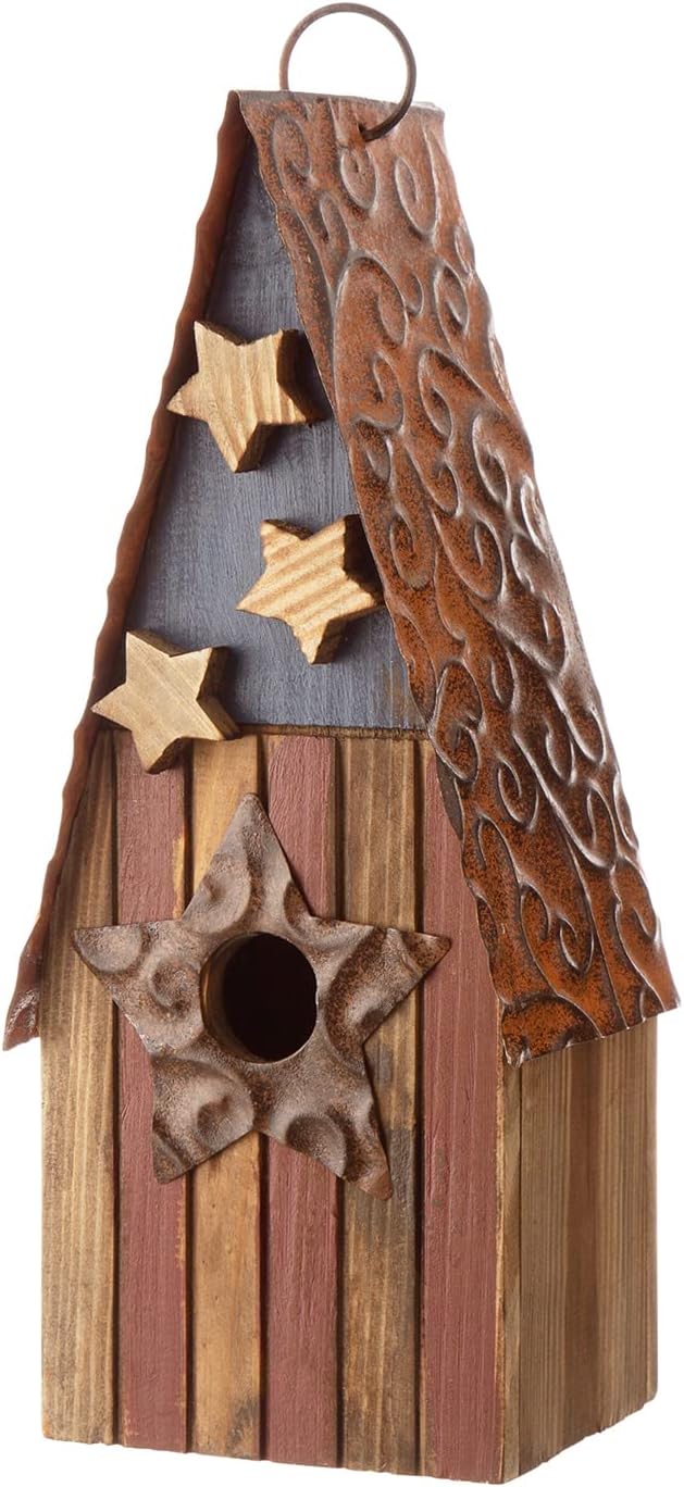 Glitzhome Wooden Hanging Patriotic USA Distressed Garden Bird House for Outdoors 12.5" H