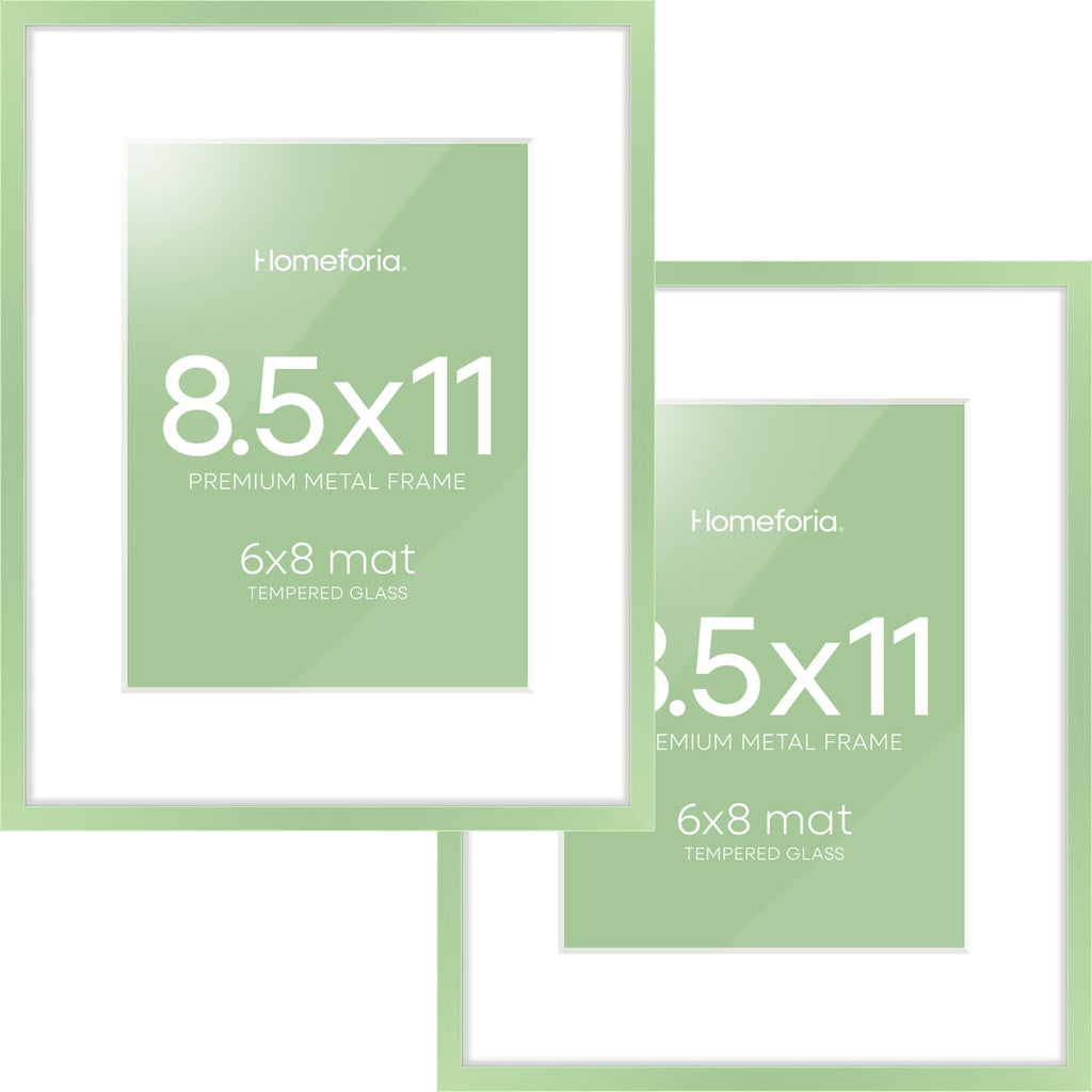 Homeforia 8.5x11 Sage Green Frame, High End Metal 8.5 x 11 Picture Frames with Mat 6 by 8 inch Photo, 11x8.5 Poster Frame Matted to 6x8 Art, Wall or Tabletop Frames, Tempered Glass, Wall Kit, Set of 2