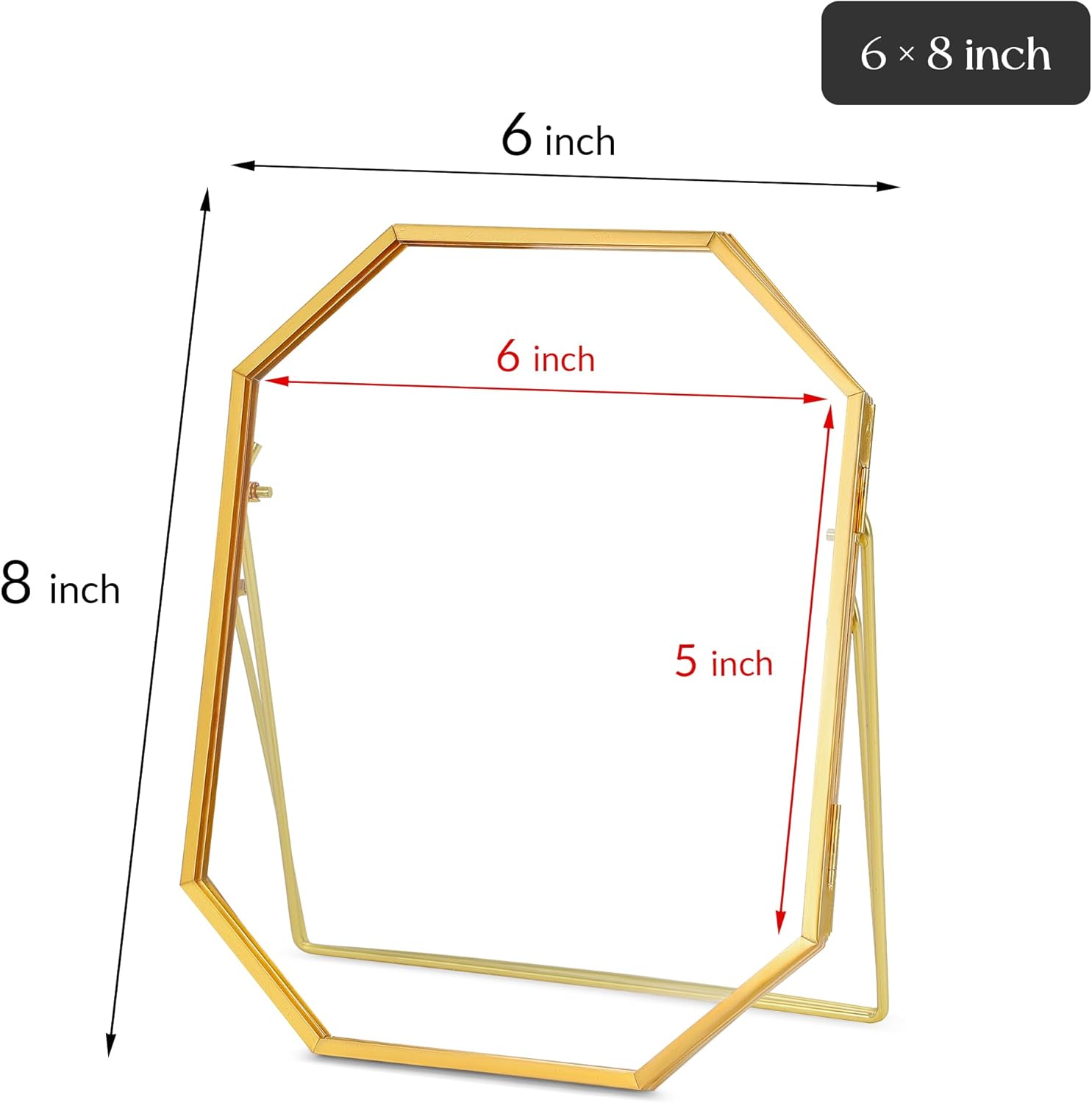 Glass Pressed Flower Frame Handmade, Metal Floating Picture Frame, Double Glass for Tabletop Display, Unique Brass Octagon, Gold, 5x7 Inches (Frame Only)