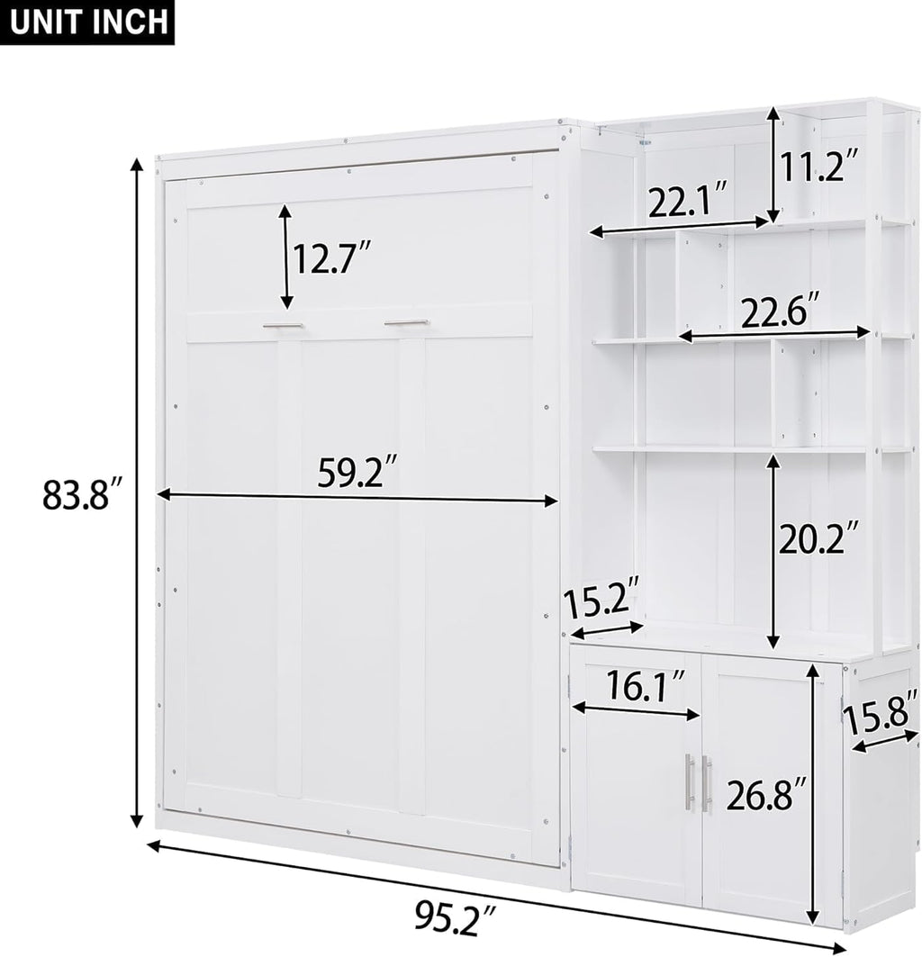 MERITLINE Full Murphy Bed with Storage Bookcase Shelves and Cabinet,Wood Folding Murphy Wall Bed Cabinet for Adults,White