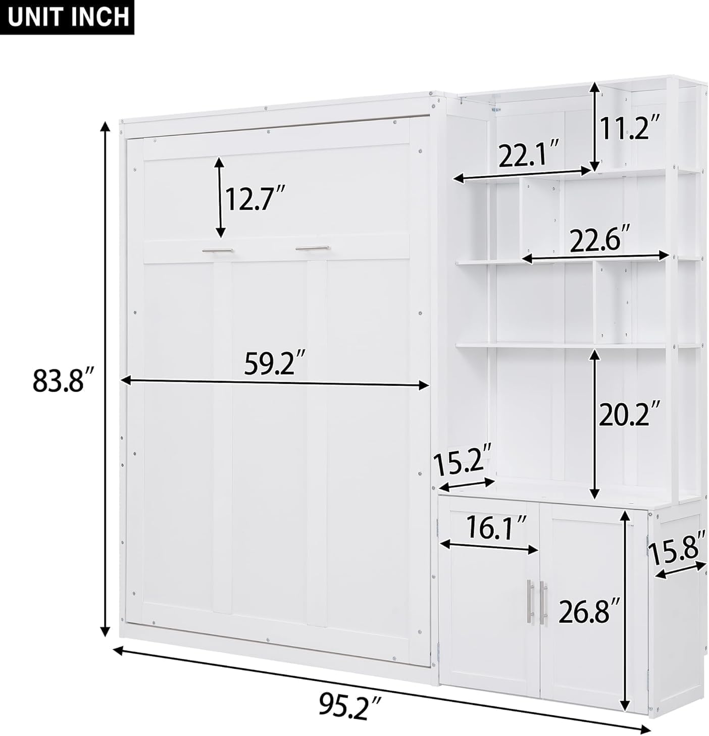MERITLINE Full Murphy Bed with Storage Bookcase Shelves and Cabinet,Wood Folding Murphy Wall Bed Cabinet for Adults,White
