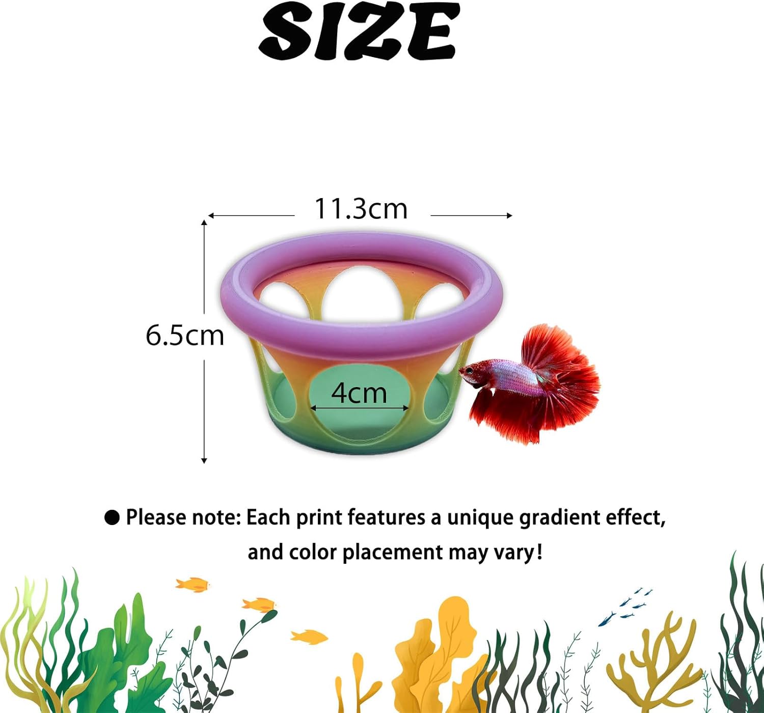 Floating Betta Fish Hideaway, Aquarium Suspended Resting Spot, Feeder for Small Fish and Shrimp, 3D Printed, Decorative Floating Cave Accessory for Aquariums. (Color)