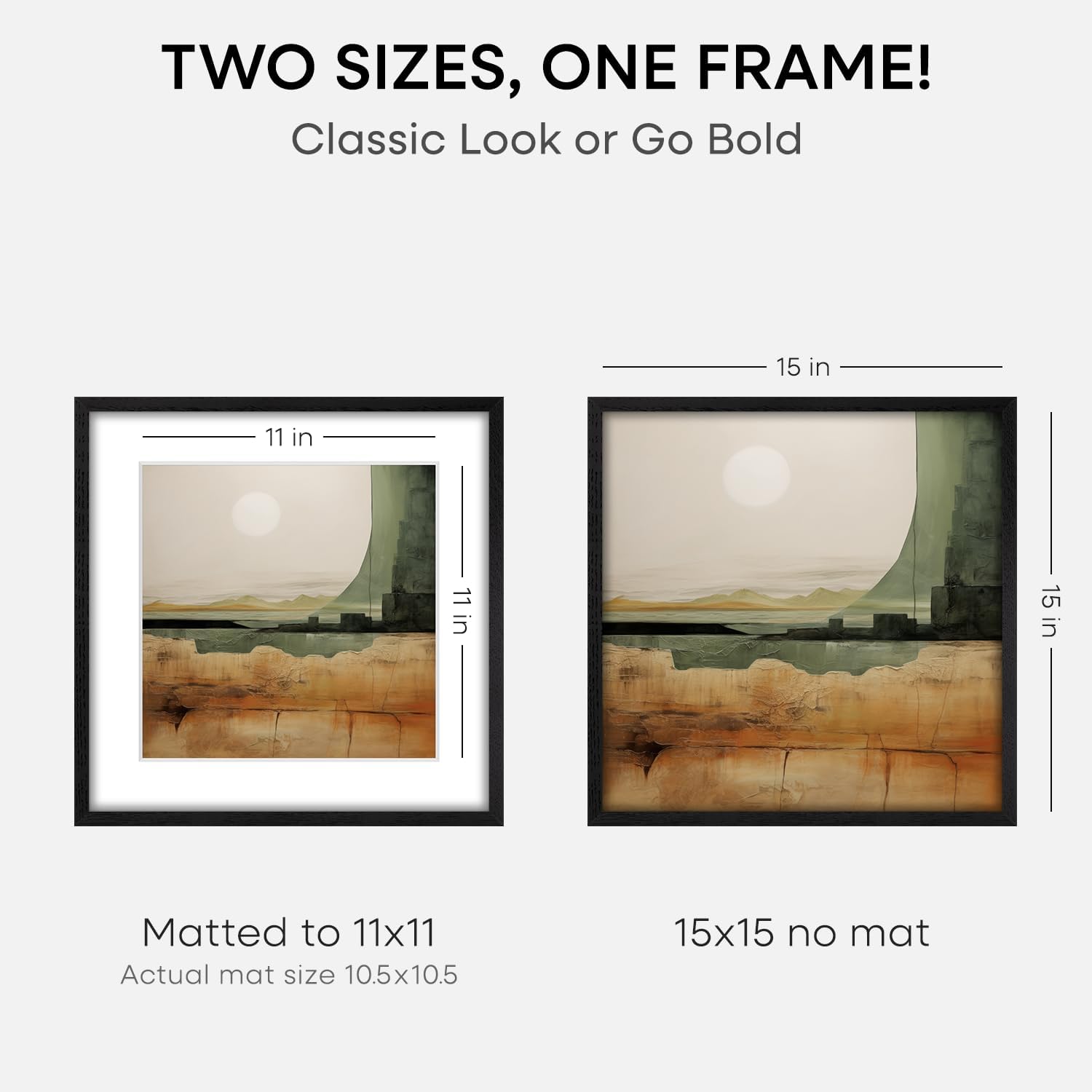 Homeforia 15x15 Black Wood Frame, High End Oak 15 x 15 Square Picture Frames with Mat 11 by 11 inches Photo, 15by15 Black Wooden Poster Frames Matted to 11x11 Print, Tempered Glass, Wall Kit, Set of 2