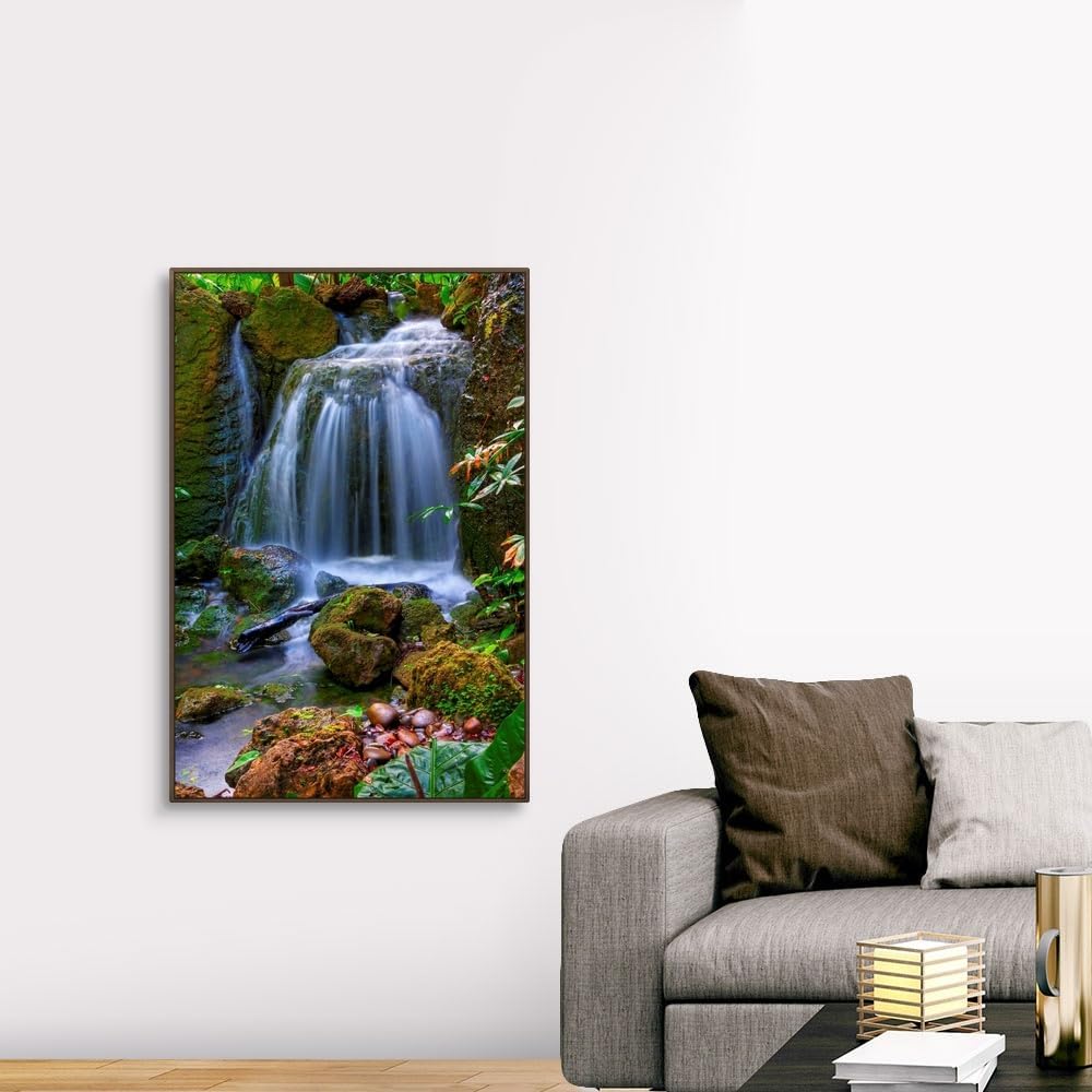 CANVAS ON DEMAND Waterfall in Tropical Rainforest of Fairchild Tropical Gardens, Walnut Float Framed Canvas Wall Art Print, Home Decor, Floral, Flowers, Nature Artwork, 32" x48in