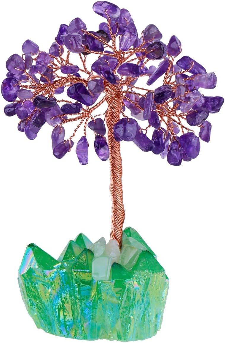 mookaitedecor Amethyst Crystal Tree, Quartz Cluster Green Titanium Crystals Base Bonsai Money Tree for Wealth and Luck
