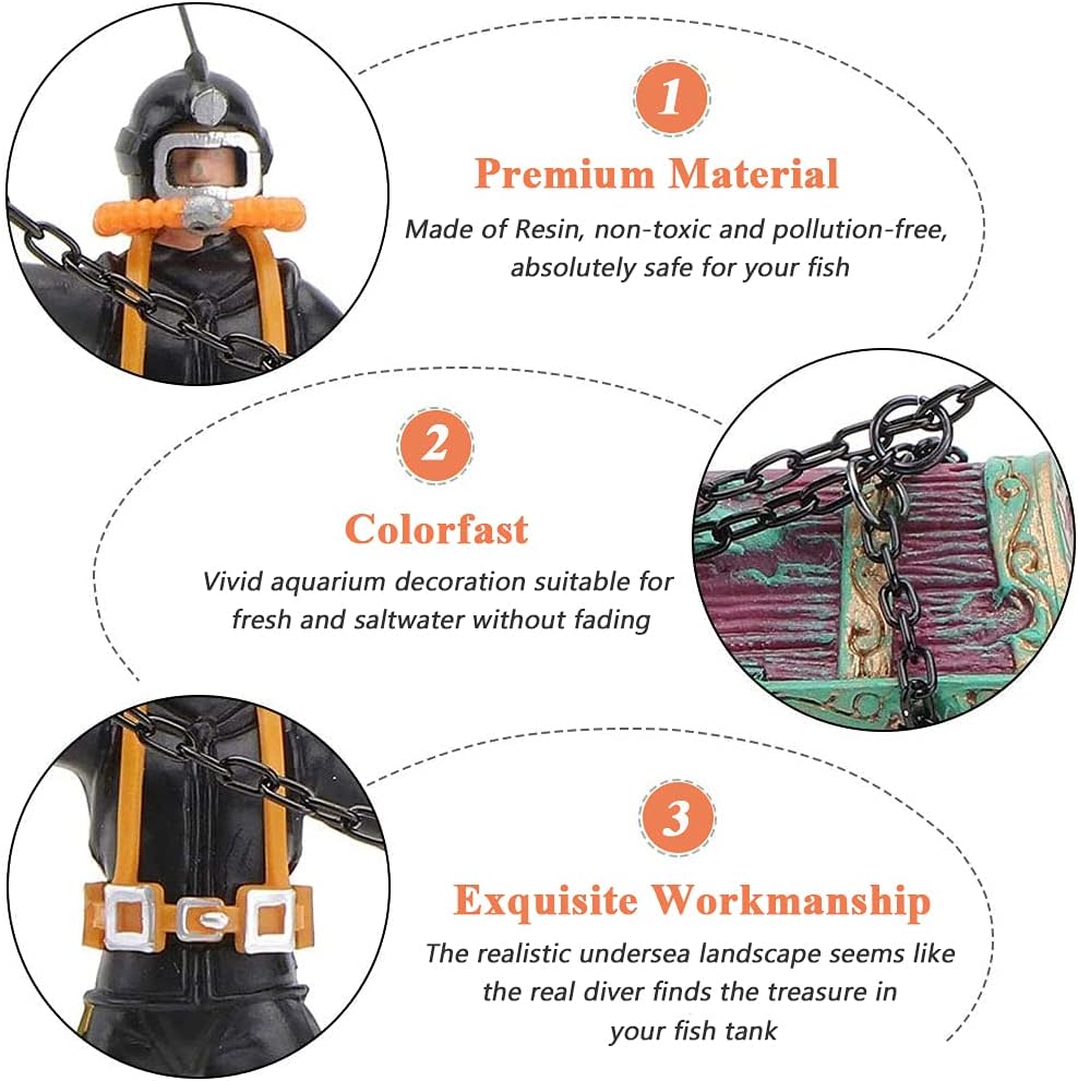 Mesee Aquarium Decor Creative Treasure Seeker, Fish Tank Ornament Undersea Landscape Treasure Chest Hunt Diver Air-Operated Decoration - Black