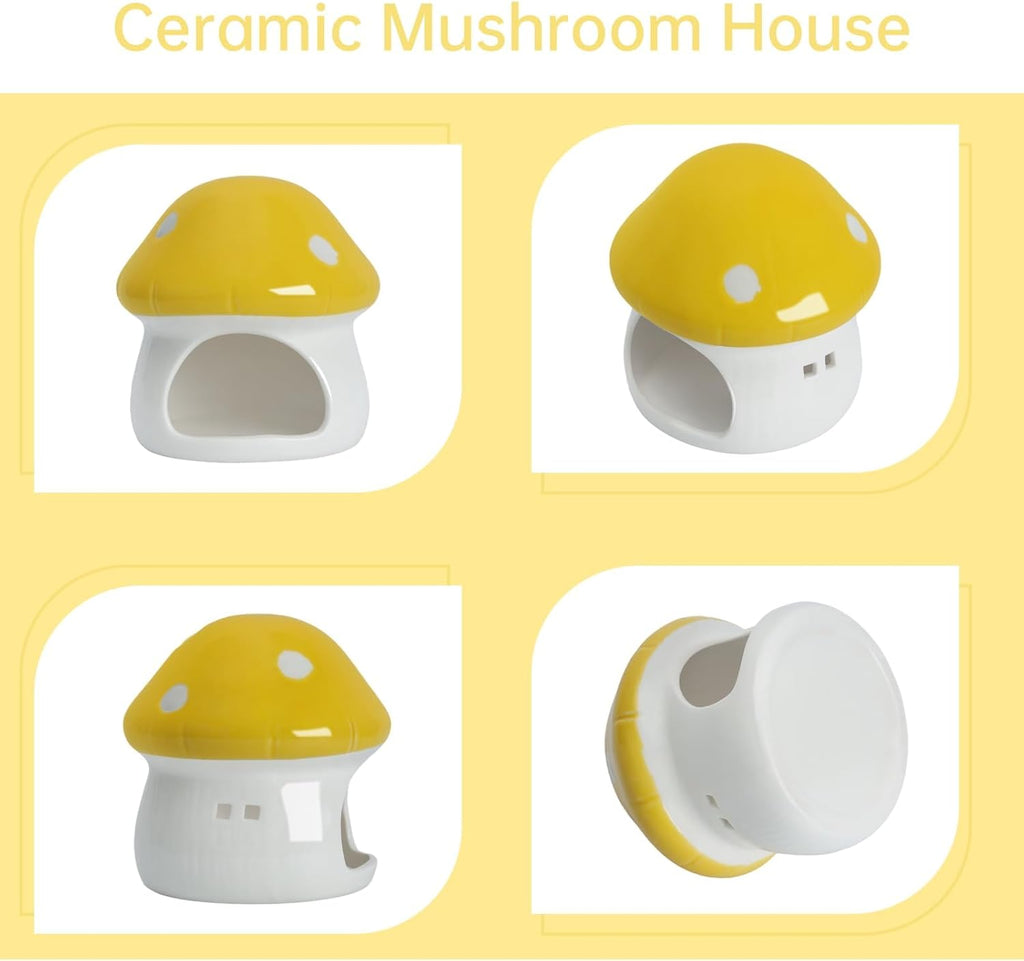Mushroom Fish Tank Decor, Ceramics Aquarium Shrimp Cave, Betta Hideout Decoration, Cottage Ornament Goldfishes Pleco Cave for Fish Tank Landscape Hideaway Spawning Decor - Yellow