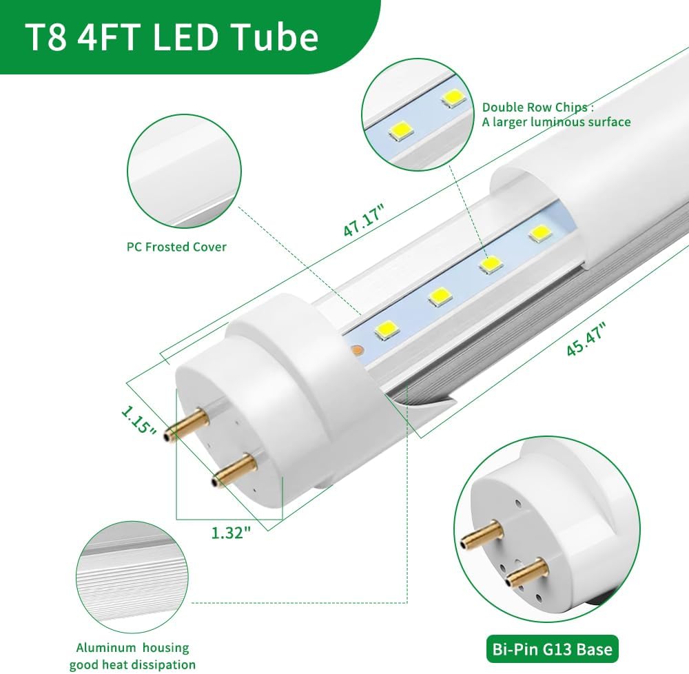 30PK T8 LED Tube Bulbs 4 Foot, Frosted 10W-22W 5 Watt Selectable 5 CCT 3500K-6500K, Type A+B Plug & Play or Ballast Bypass 4ft Fluorescent Light Bulbs Replacement, Single or Double-Ended