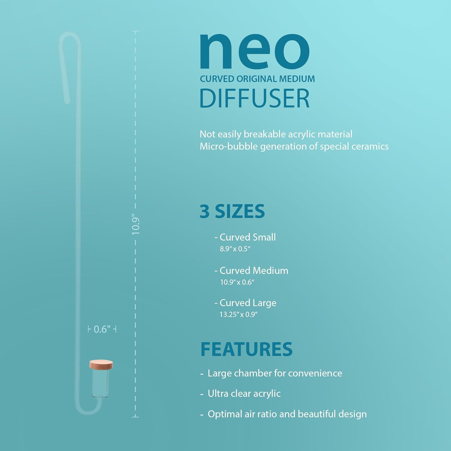 Neo CO2 Aquarium Diffuser - CO2 Diffuser Aquarium Kit, CO2 Diffuser for Aquarium Plants, CO2 System for Aquarium - Curved Original Diffuser, Medium