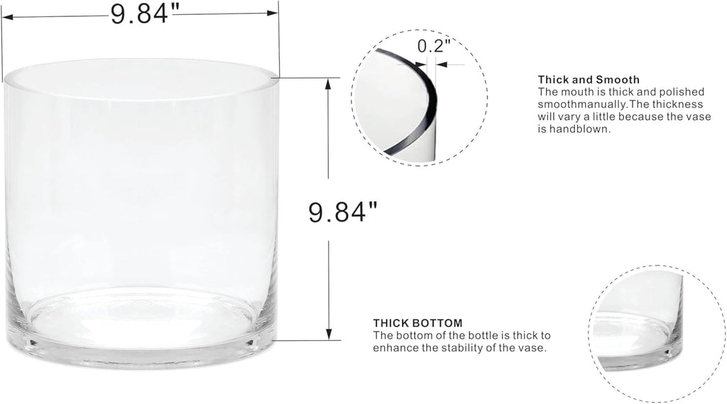 10" Wide 10" Tall Large Hand Blown Sturdy Clear Cylinder Glass Vase, Centerpiece Flower Vase for Rose, Tulip, Boquets, Hurricane Candle Holder (1, 10"x10")