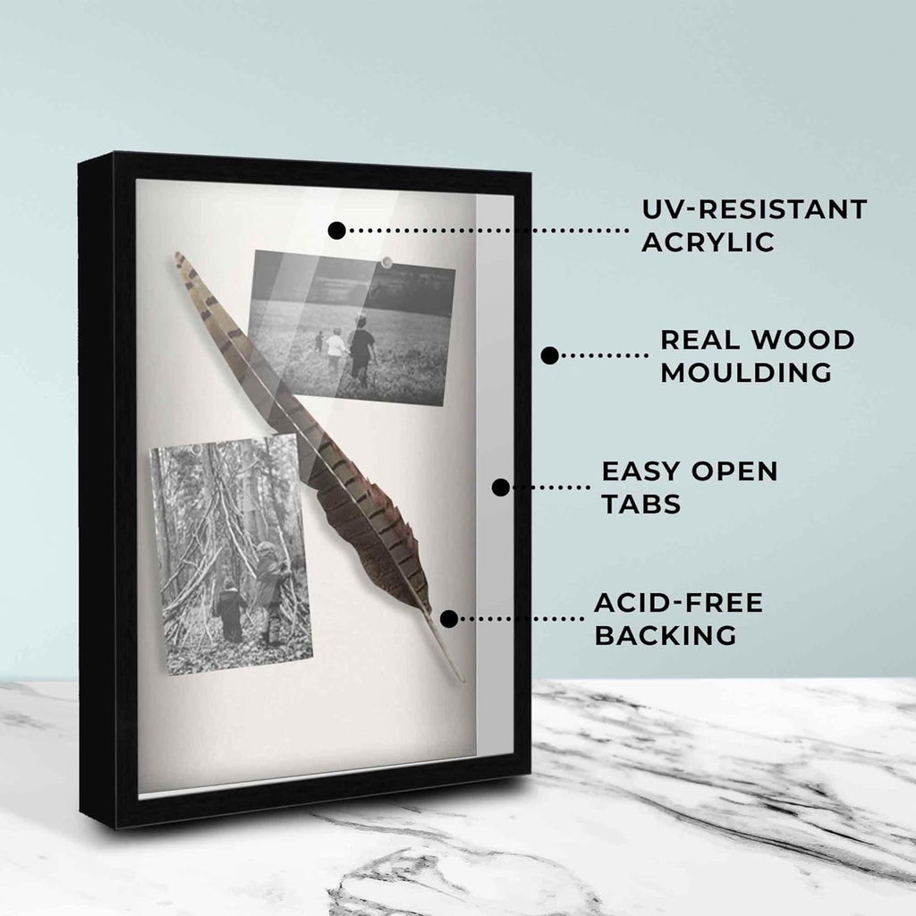 16x20 Shadow Box Frame Black | 1 Inch Deep Solid Wood Shadowbox Display Frame | UV Resistant Acrylic Plexiglass, Acid Free Backing, and Hanging Hardware | Dugan Picture Frame Style