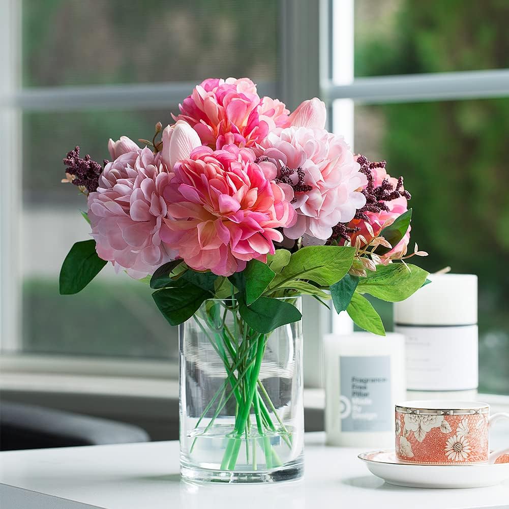Enova Floral Set of 4 Clear Glass Cylinder Vase, 4W x 6H Inches Round Flowers Vase, Pillar Candle Floating Candle Holders Vase, Small Floral Glass Vase for Home Office Decor, Wedding Centerpiece