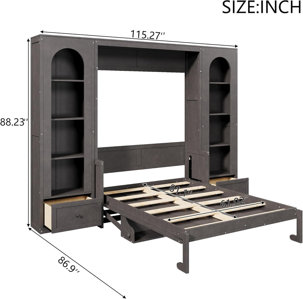 MERITLINE Queen Murphy Bed with Desk and Storage & LED Light, Solid Wood Hideaway Murphy Wall Bed with Storage Bookcase Shelves and Drawers for Adults