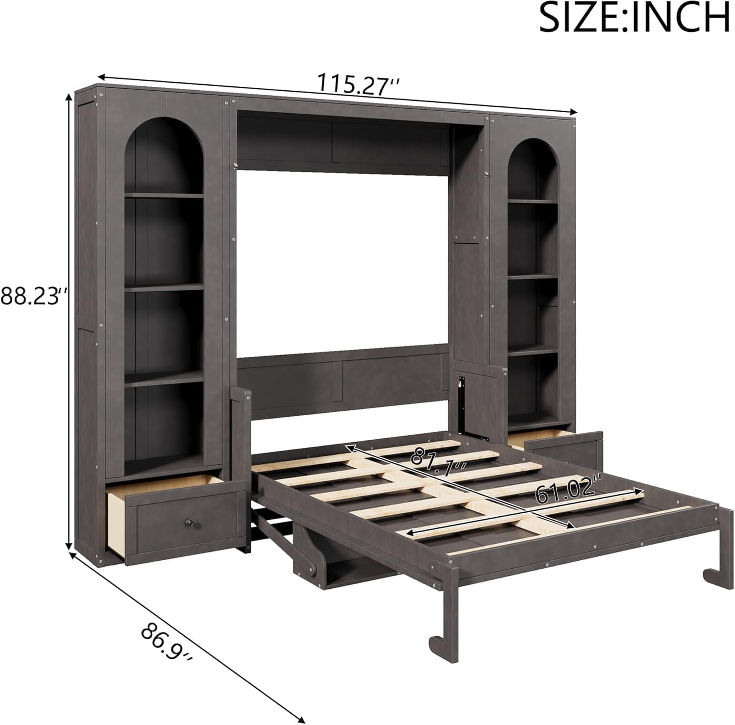 MERITLINE Queen Murphy Bed with Desk and Storage & LED Light, Solid Wood Hideaway Murphy Wall Bed with Storage Bookcase Shelves and Drawers for Adults