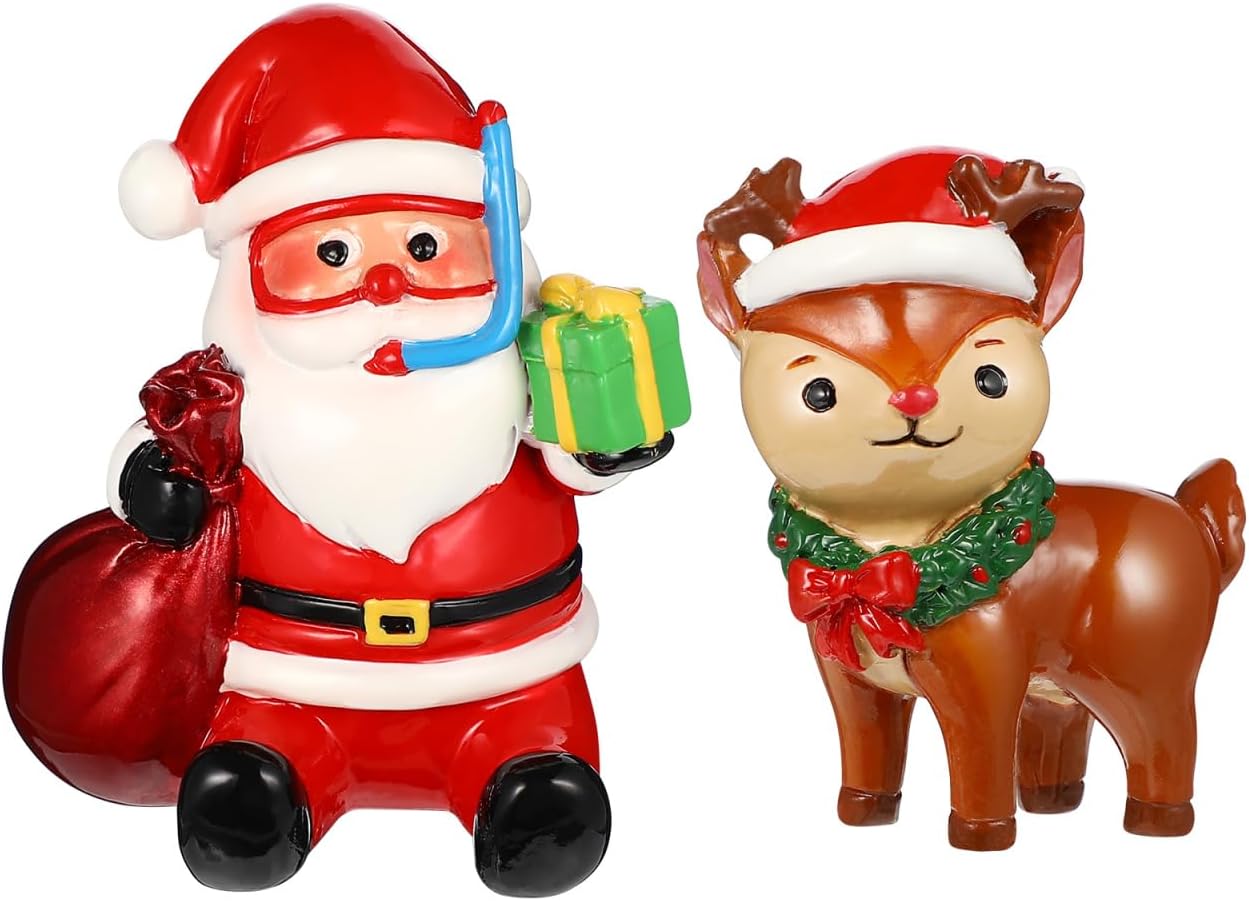 POPETPOP 2Pcs Christmas Aquarium Decorations- Resin Fish Tank Decoration Santa Claus Reindeer Micro Landscape Ornaments for Holiday Fish Tank Supplies Table Decor