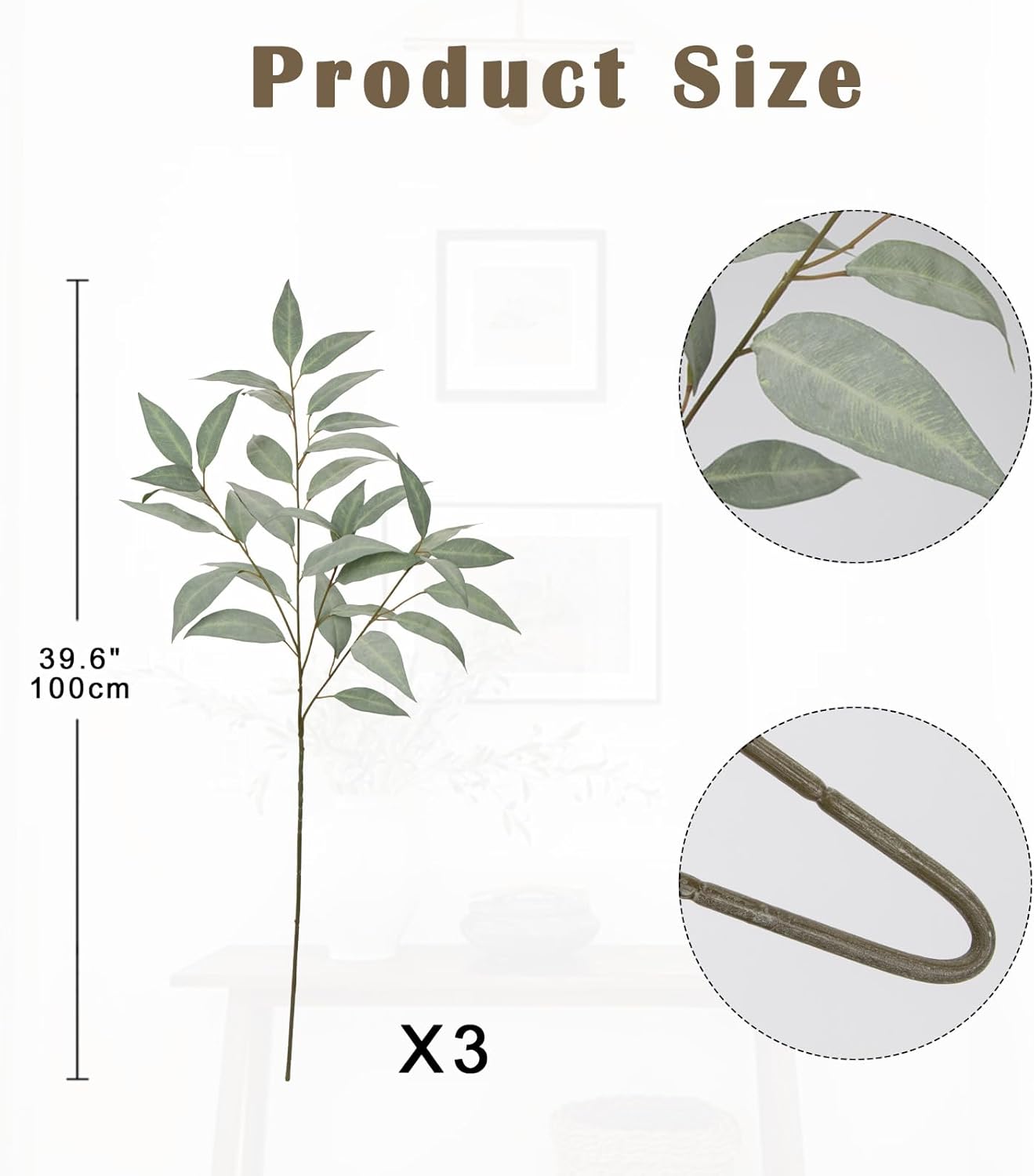 Briful Eucalyptus Stems 39.5 '' Tall, Artificial Branches for Vase Round Year Faux Greenery Stems Realistic Gray Eucalyptus Leaf Plant Sprays for Home Decor Indoor Party Wedding, Set of 3