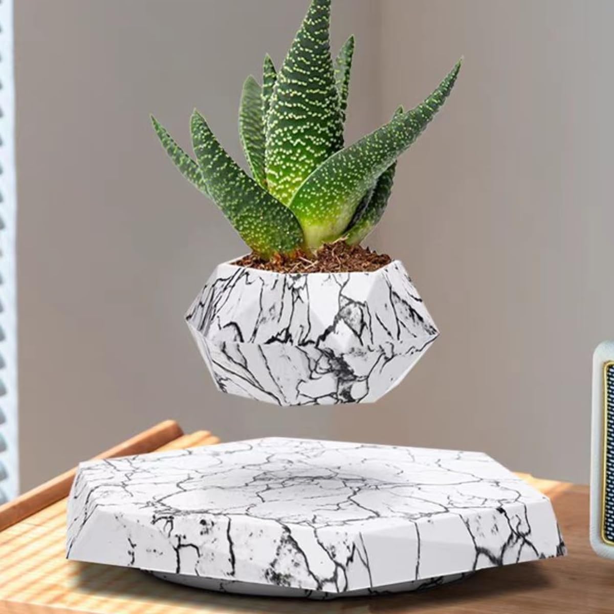 MOOCCI Floating Plant Pot - Magnetic Levitating Plant Pot for Succulents, Air Bonsai and Fake Flowers and Plants, Unique Decor for Home, Office and Desk, Father's Day (Marble)