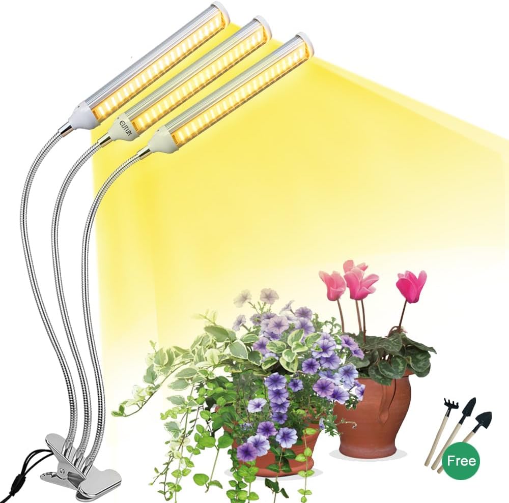 ELITUN LED Grow Light for Indoor Plants, Full Spectrum Plant-Growing Lamp with 315 LED Lamp Beads,5 Dimmable Levels & 3 Modes Timing Function, Auto On/Off (3 Heads Light)