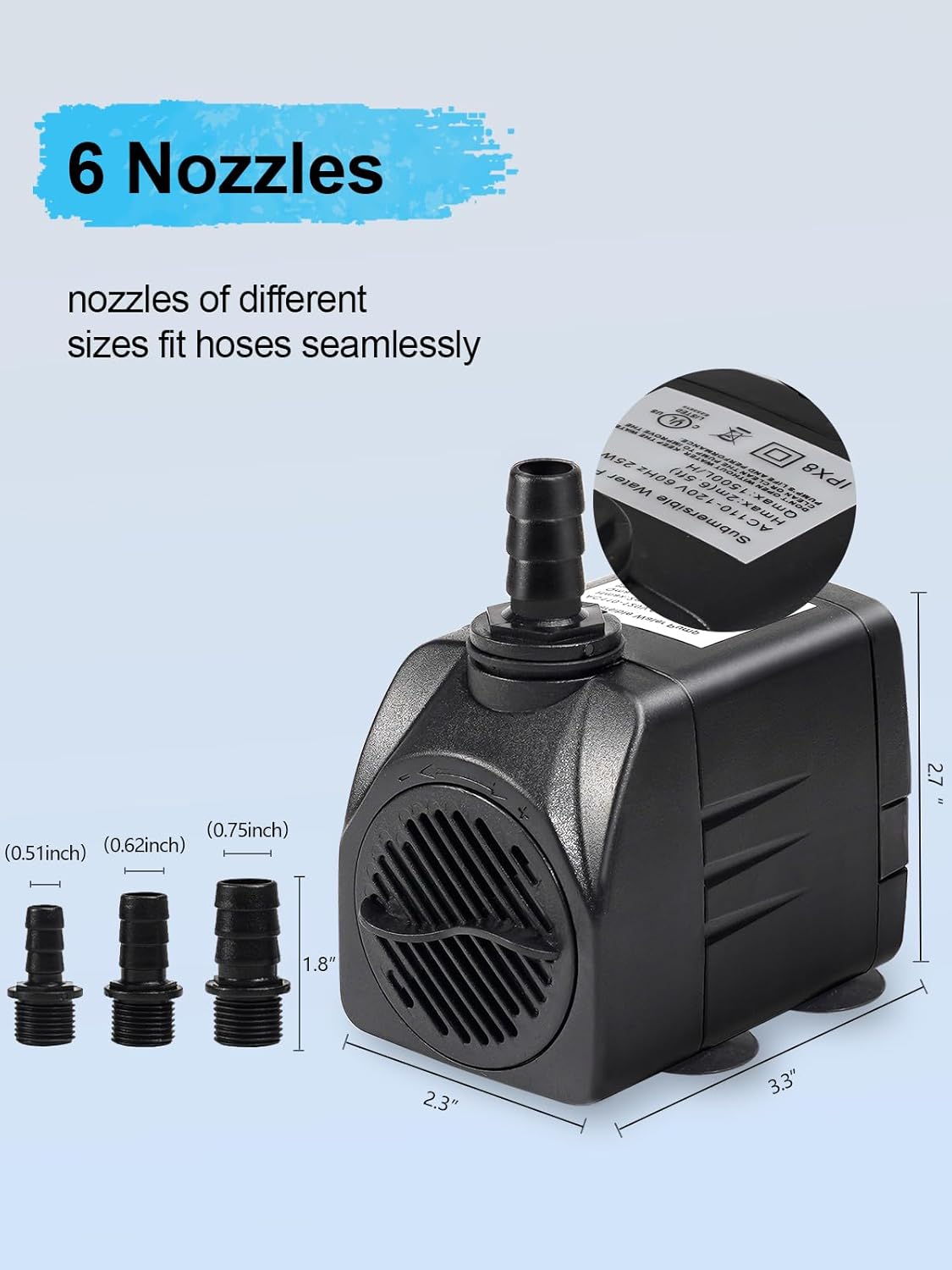 Fountain Pump, 400GPH Submersible Water Pump Outdoor, Ultra Quiet Water Fountain Pump With 6.5FT High Lift, 3 Nozzles for Fish Tank, Aquarium, Pond Waterfall, Hydroponics, 2 Pack