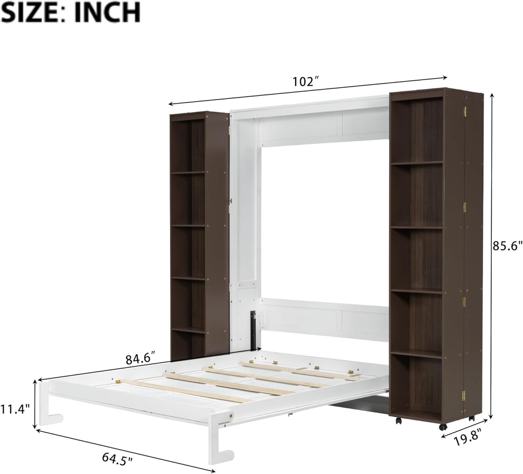 MERITLINE Foldable Hidden Queen Murphy Bed Cabinet with Storage Bookshelf Bookcase, Wood White Murphy Wall Bed with Storage Shelves for Adults (Espresso)