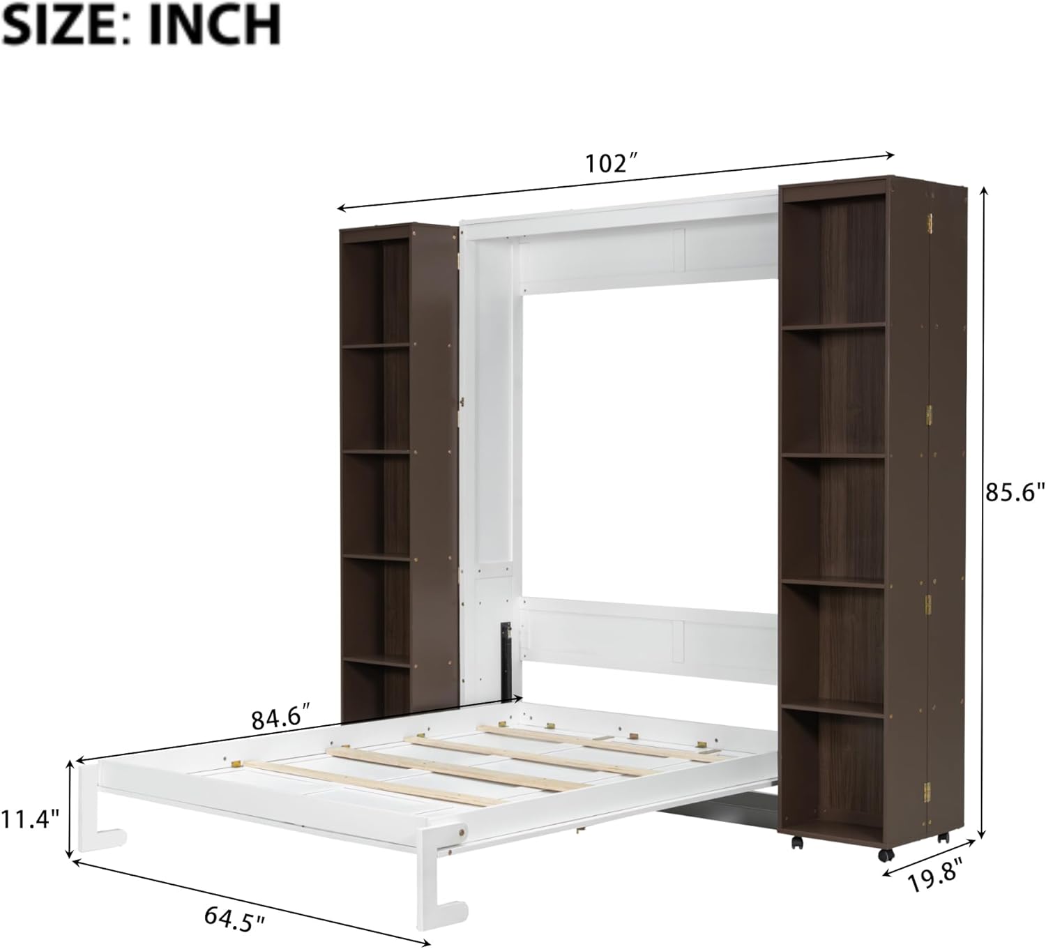 MERITLINE Foldable Hidden Queen Murphy Bed Cabinet with Storage Bookshelf Bookcase, Wood White Murphy Wall Bed with Storage Shelves for Adults (Espresso)